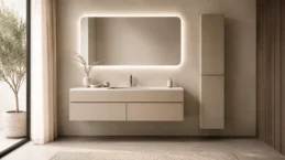 Cover riepilogativa della categoria sistemi bagno con mobili lavabo, colonne, top e basi, rappresentati con pochi elementi grandi e chiaramente leggibili.