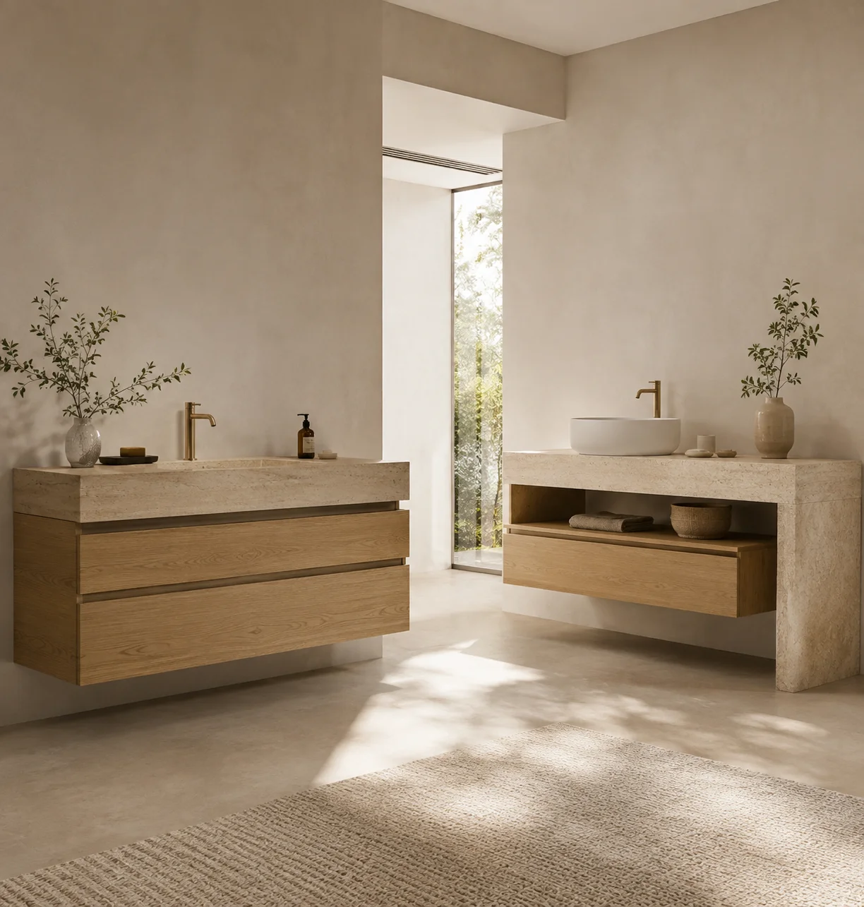 Mobile lavabo con base e composizione bagno coordinata.