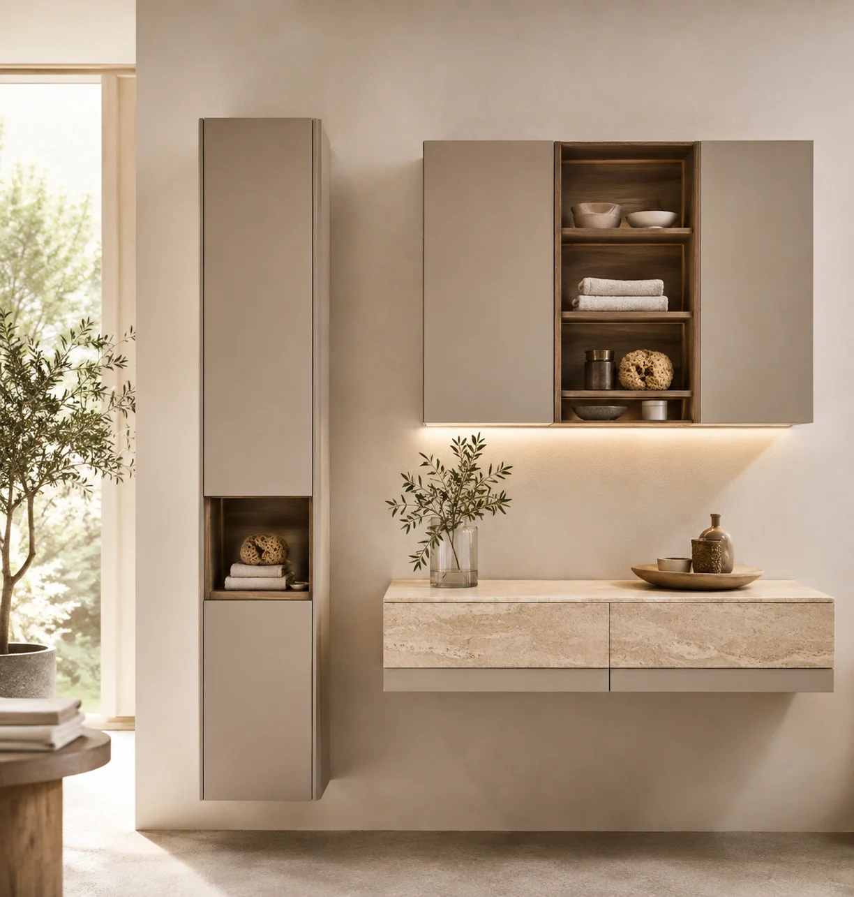 Colonna, pensile e mobile lavanderia in un bagno contemporaneo.