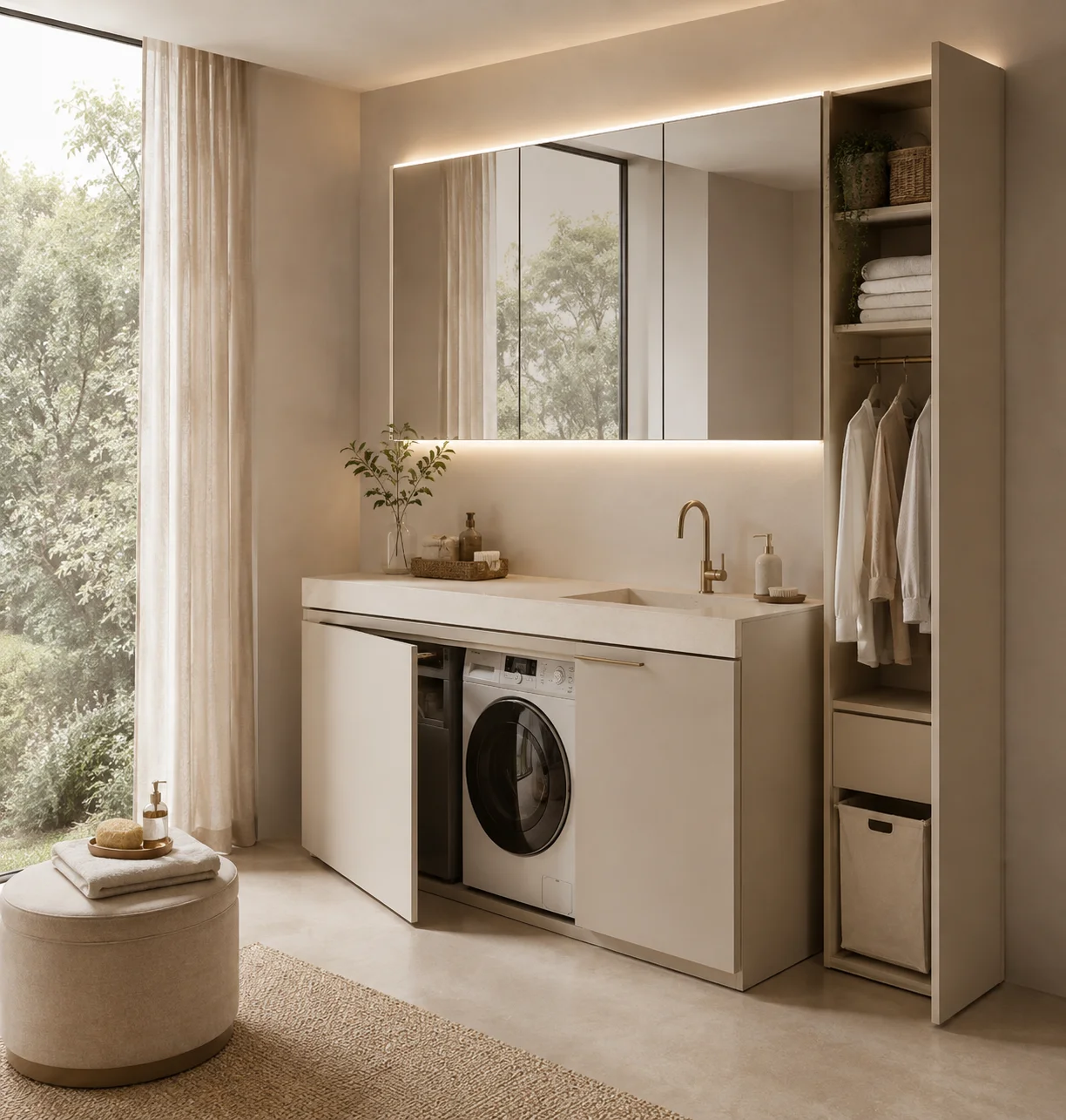 Top, specchiera e complementi coordinati in una zona lavabo.