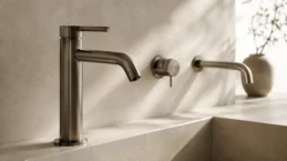 Cover riepilogativa della categoria rubinetteria con miscelatori lavabo, rubinetti singoli, deviatori e miscelatori bidet, rappresentati con pochi elementi grandi e chiaramente leggibili.