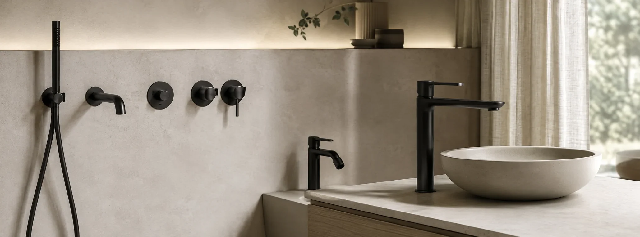 Immagine header della categoria rubinetteria con miscelatori lavabo, rubinetti singoli e deviatori, inseriti in una scena realistica, ordinata e priva di marchi.
