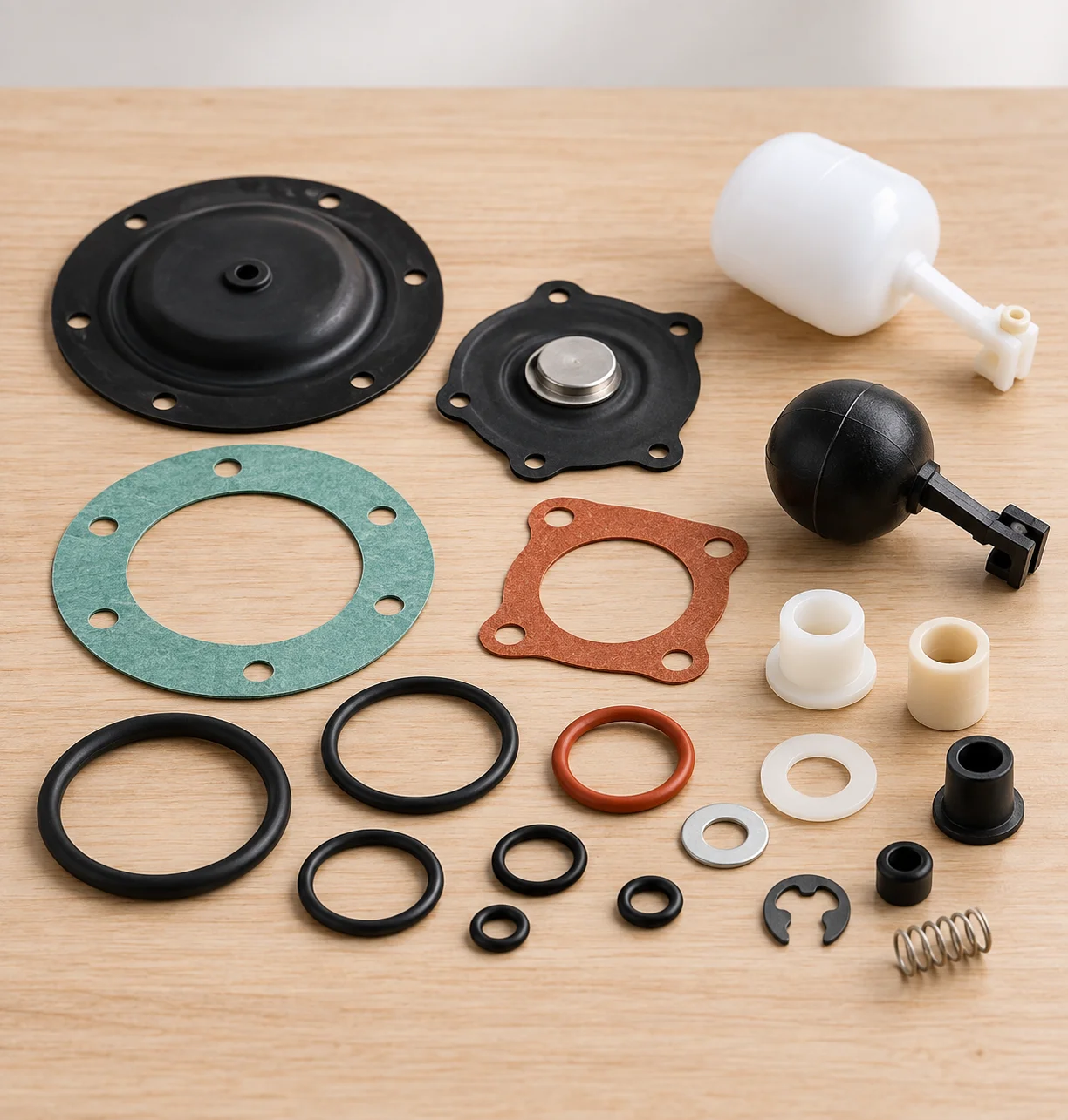 Guarnizioni, O-Ring, membrane e galleggianti universali disposti in modo ordinato