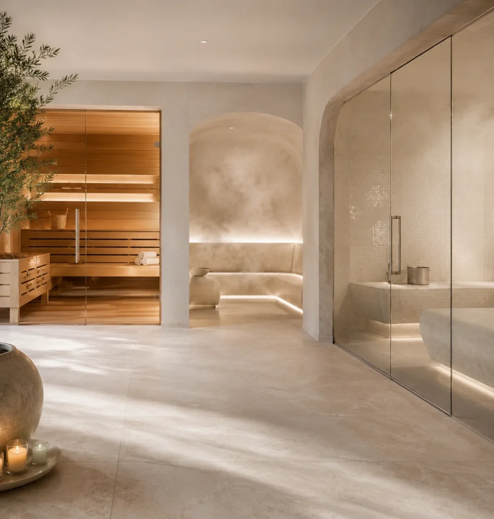 Sauna e ambiente a vapore con materiali naturali.