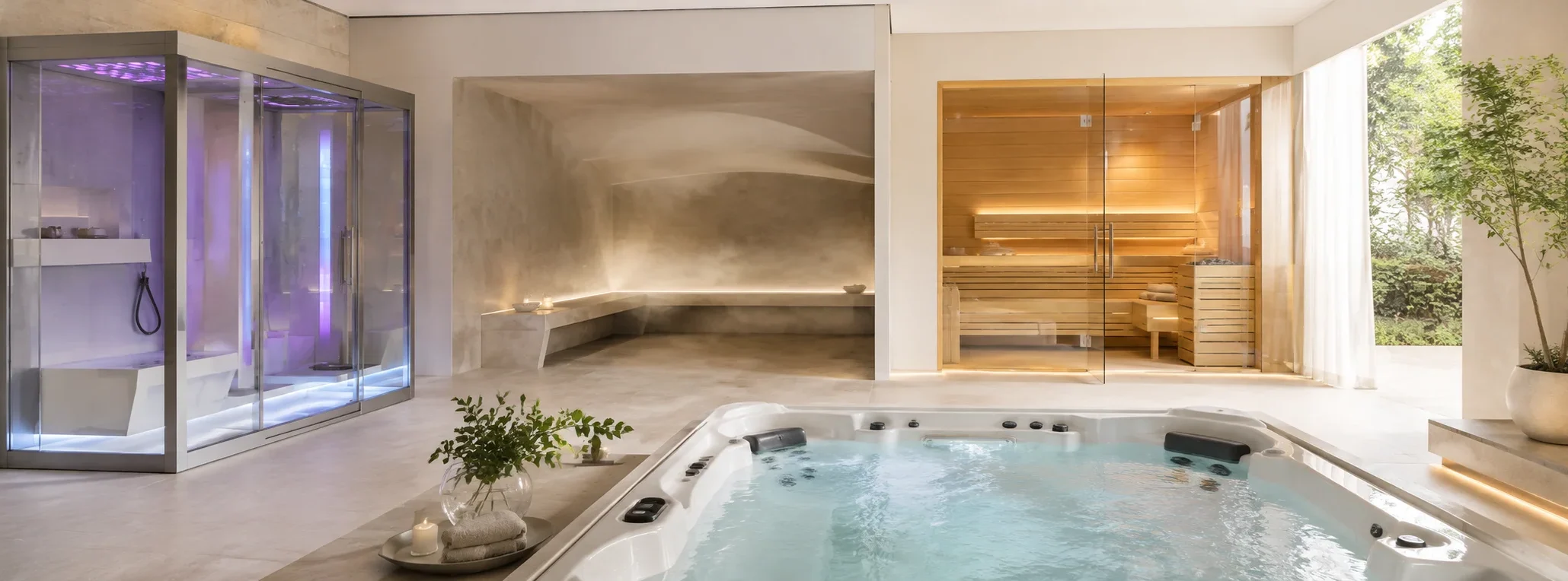 Immagine header della categoria wellness con vasche idromassaggio, saune e cabine multifunzione, inseriti in una scena realistica, ordinata e priva di marchi.