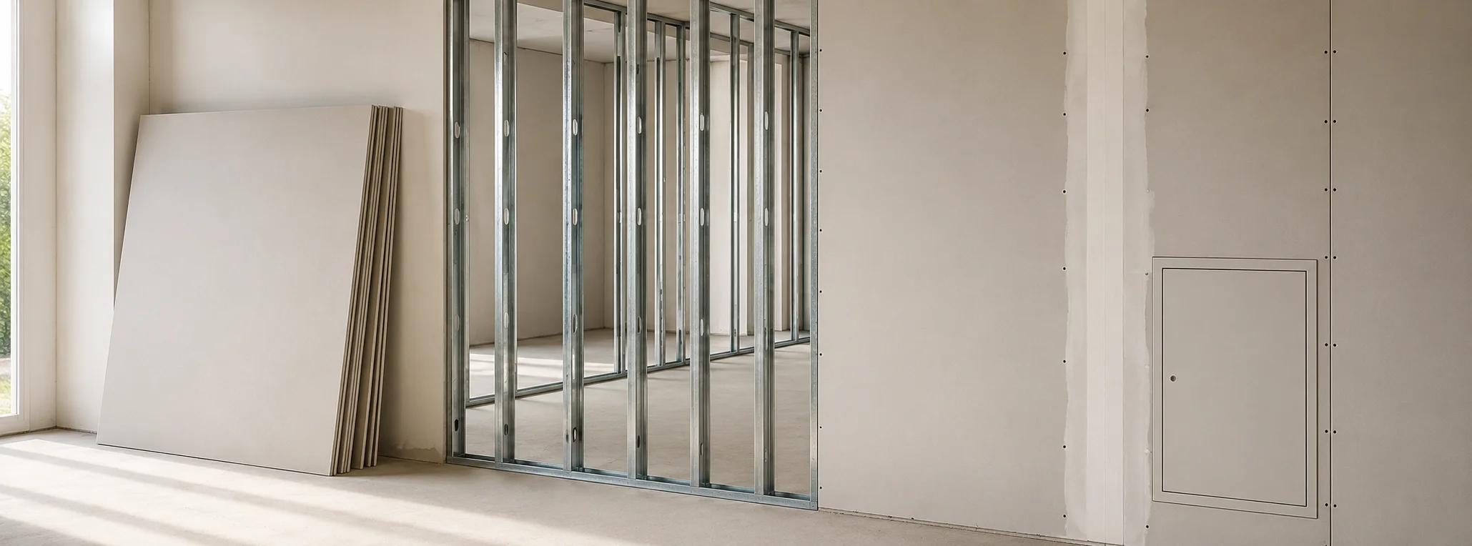 Immagine header dedicata a cartongesso, con elementi rappresentativi delle principali funzioni della categoria in una scena realistica e priva di marchi.