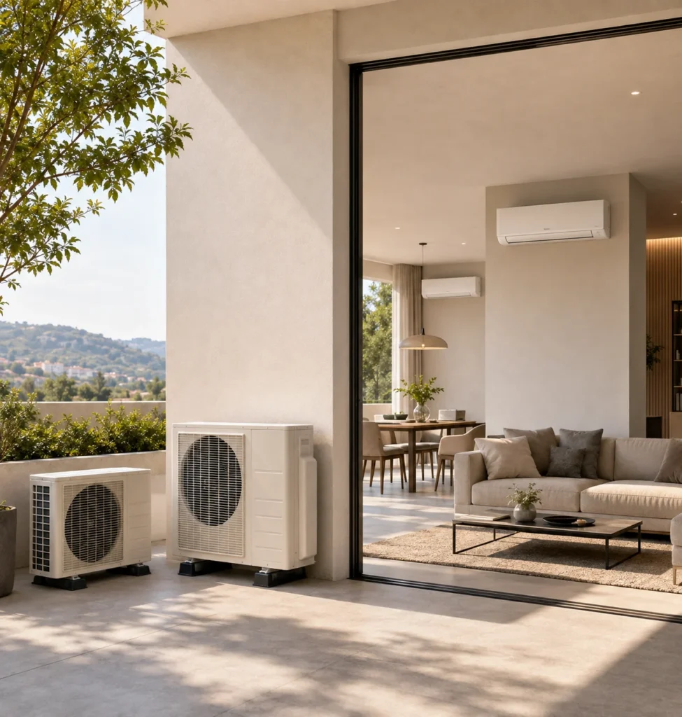 Unità interna ed esterna di un sistema di climatizzazione moderno.
