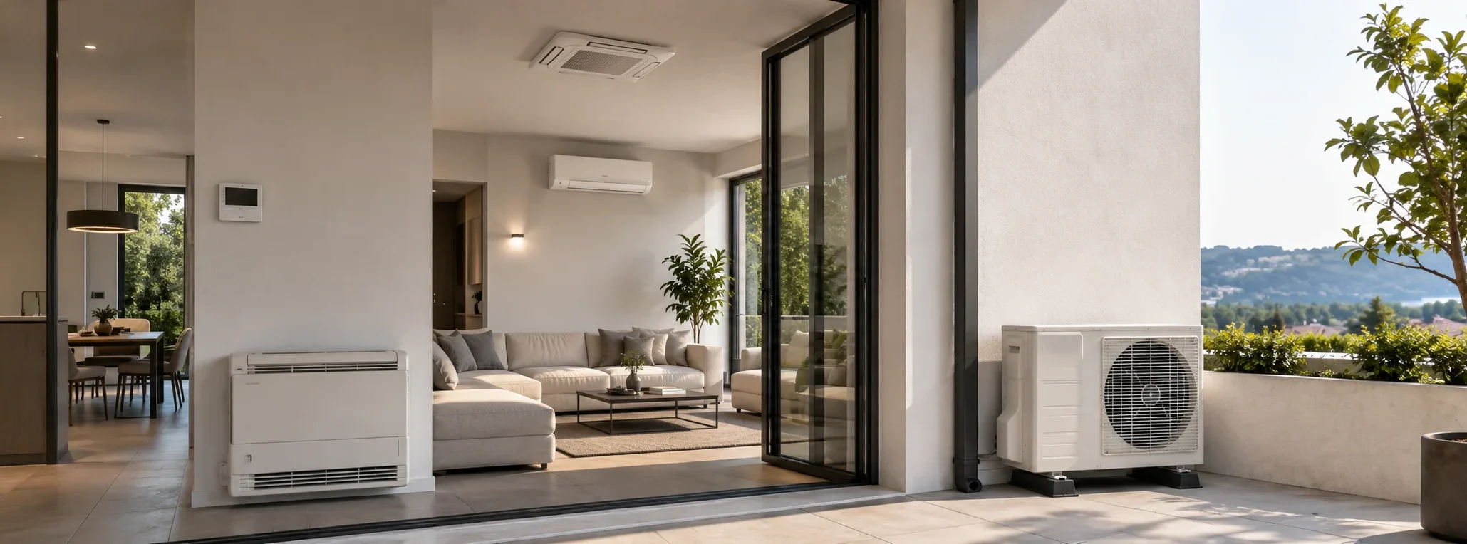 Immagine header della categoria climatizzazione con climatizzatori monosplit, pompe di calore aria-aria e staffe e supporti, inseriti in una scena realistica, ordinata e priva di marchi.