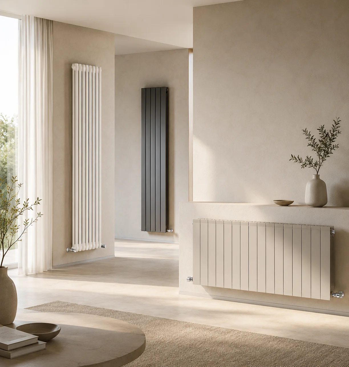 Radiatore, termoarredo e scaldasalviette in interni contemporanei.