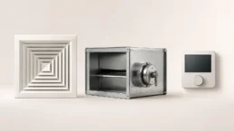 Cover riepilogativa della categoria diffusione dell’aria e controllo con bocchette, serrande, termostati ambiente e griglie, rappresentati con pochi elementi grandi e chiaramente leggibili.