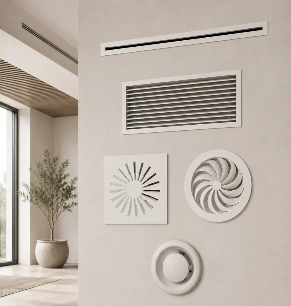 Bocchette, griglie e diffusori installati in un ambiente contemporaneo.