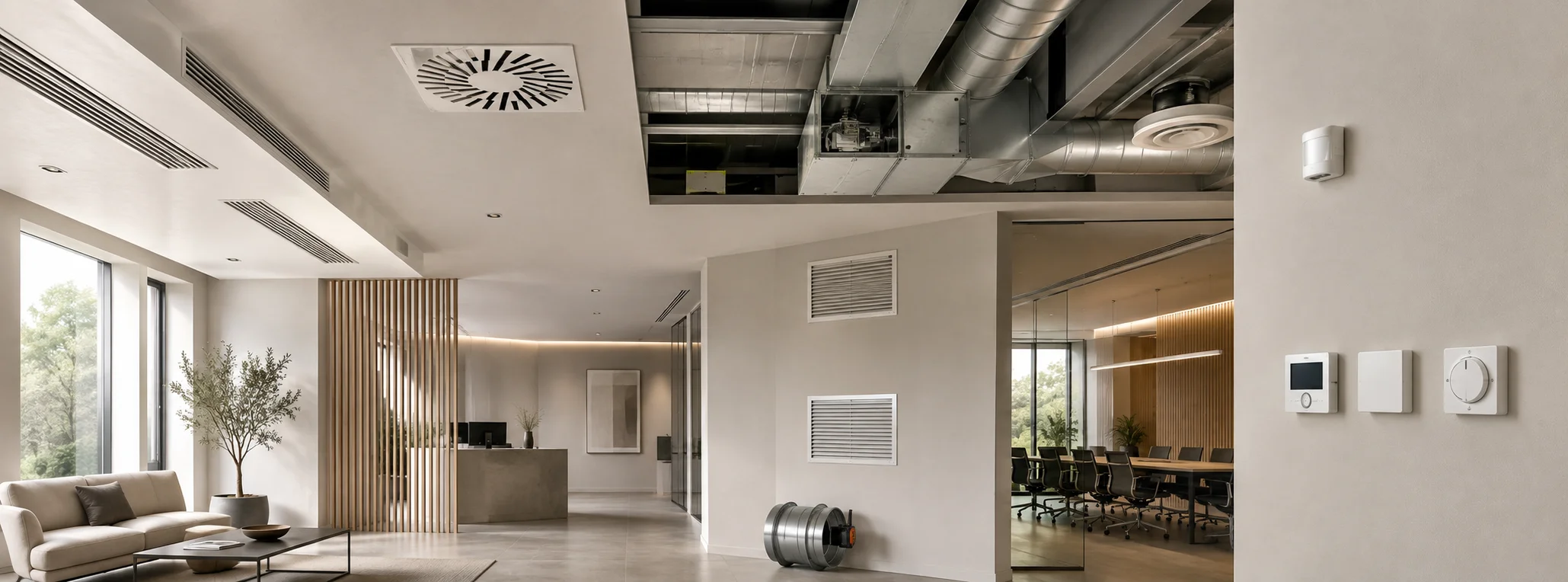 Immagine header della categoria diffusione dell’aria e controllo con bocchette, serrande e termostati ambiente, inseriti in una scena realistica, ordinata e priva di marchi.