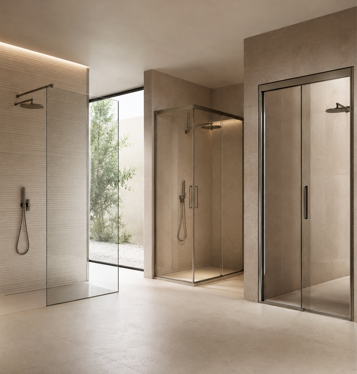Box doccia con porta e parete fissa in un bagno contemporaneo.
