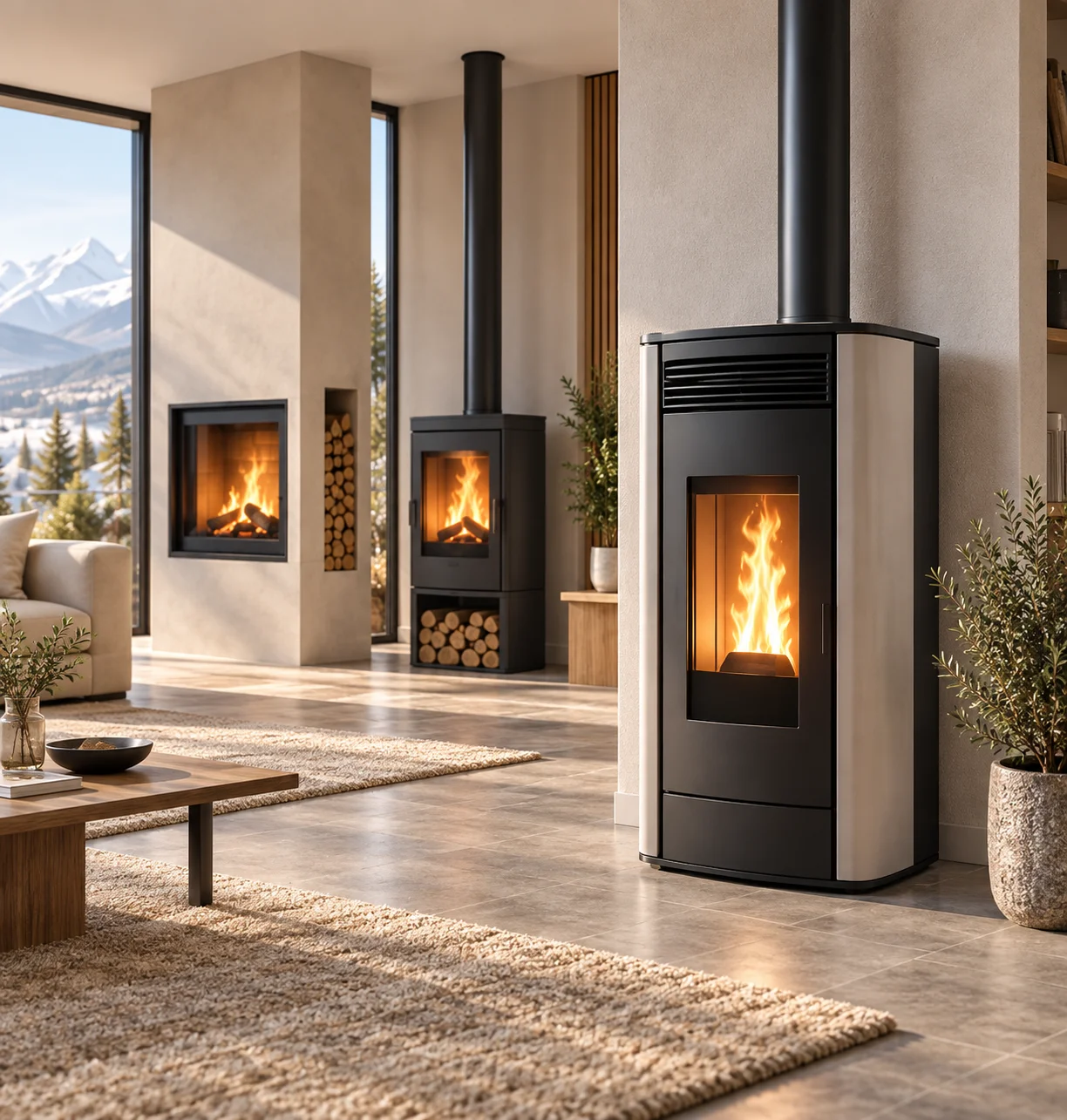 Stufa a pellet, stufa a legna e caminetto in ambiente domestico contemporaneo.