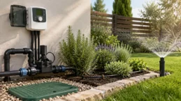 Cover riepilogativa della categoria irrigazione, componenti giardino e aree verdi con irrigatori, tubi per irrigazione, rubinetti da giardino e elettrovalvole, rappresentati con pochi elementi grandi e chiaramente leggibili.