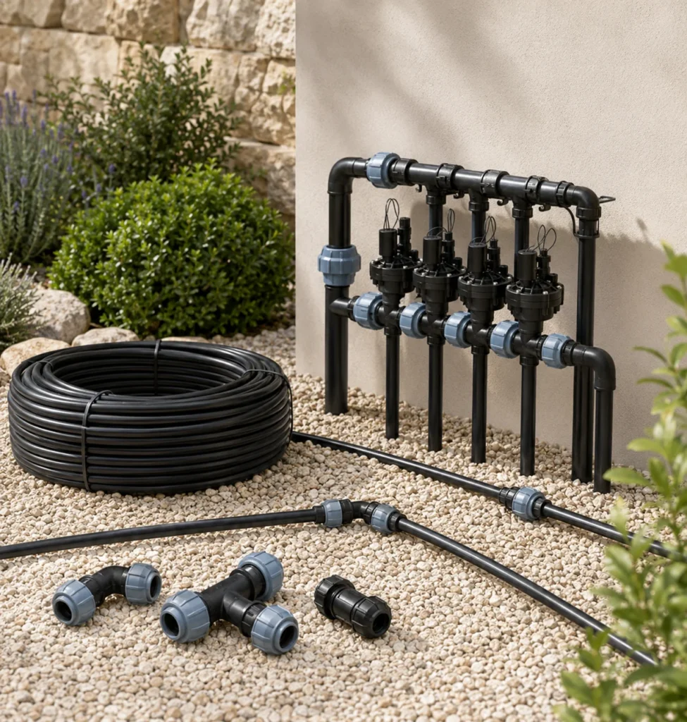Irrigatore, elettrovalvola, centralina e pozzetto in un prato.