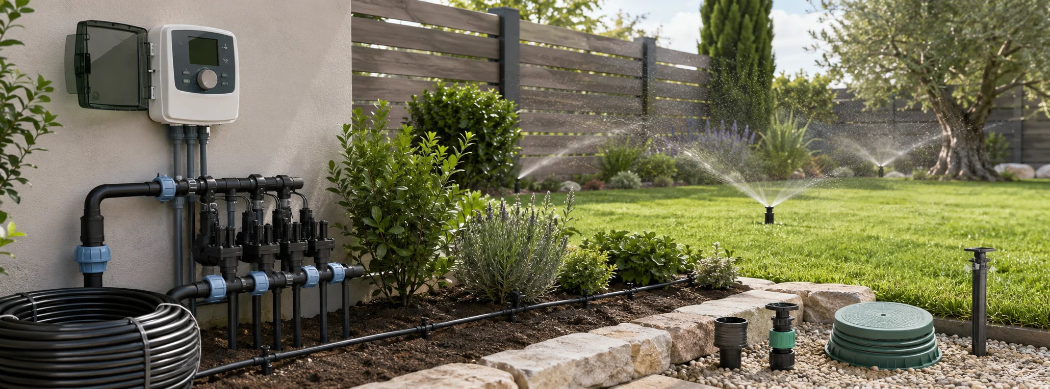 Immagine header della categoria irrigazione, componenti giardino e aree verdi con irrigatori, tubi per irrigazione e rubinetti da giardino, inseriti in una scena realistica, ordinata e priva di marchi.