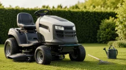 Trattorino rasaerba con macchine per la cura e la manutenzione del giardino.