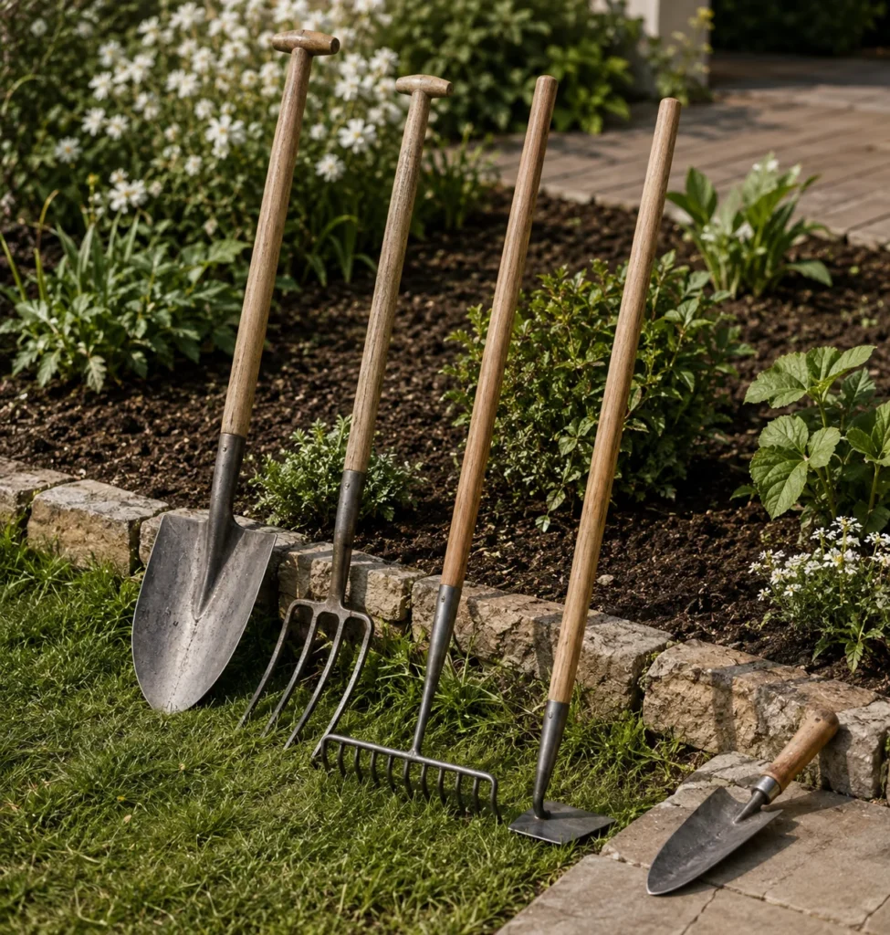 Vanga, rastrello, zappa e utensili manuali per lavorazione e manutenzione del giardino.