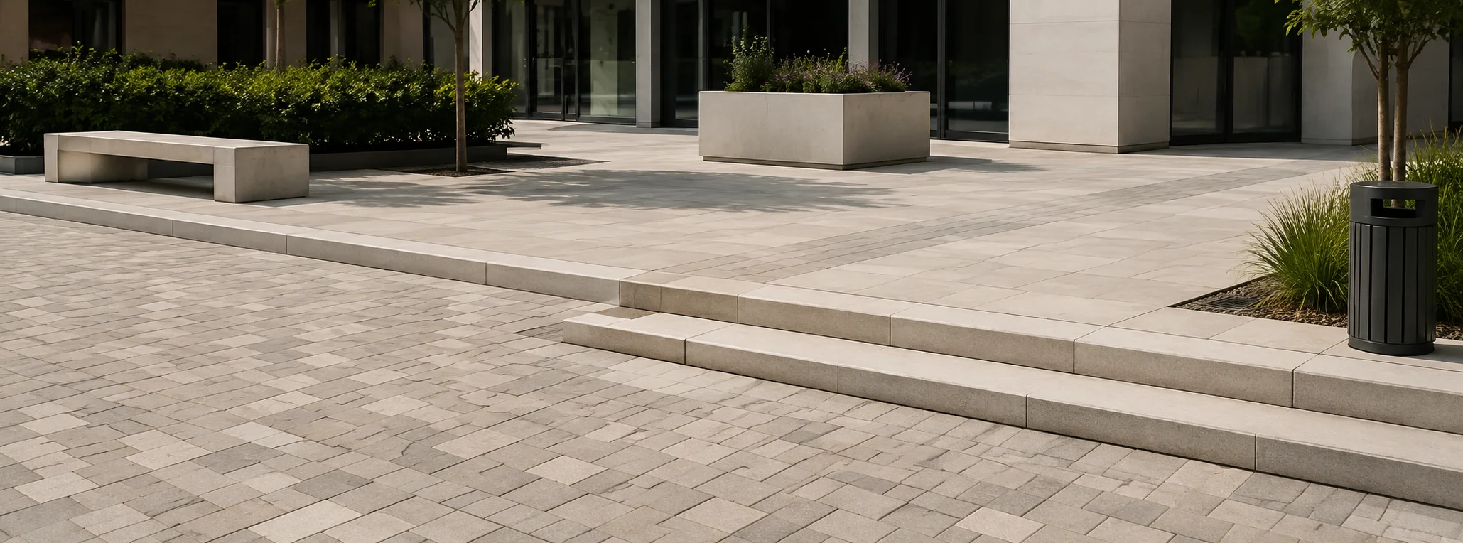 Immagine header dedicata a pavimenti per esterno e arredo urbano, con elementi rappresentativi delle principali funzioni della categoria in una scena realistica e priva di marchi.