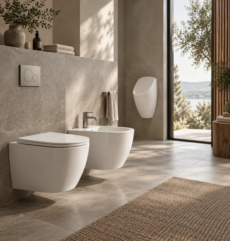 Lavabi e vasca da bagno in bagno moderno luminoso e realistico.