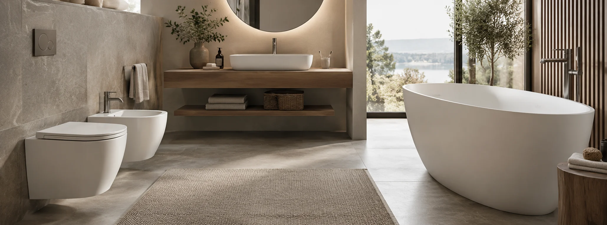 Bagno moderno con sanitari, lavabo e vasca da bagno in ambiente ordinato e contemporaneo.