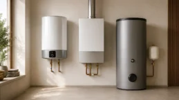 Cover riepilogativa della categoria scaldabagni e bollitori con scaldabagni elettrici, bollitori ad accumulo, resistenze e scaldabagni a gas, rappresentati con pochi elementi grandi e chiaramente leggibili.