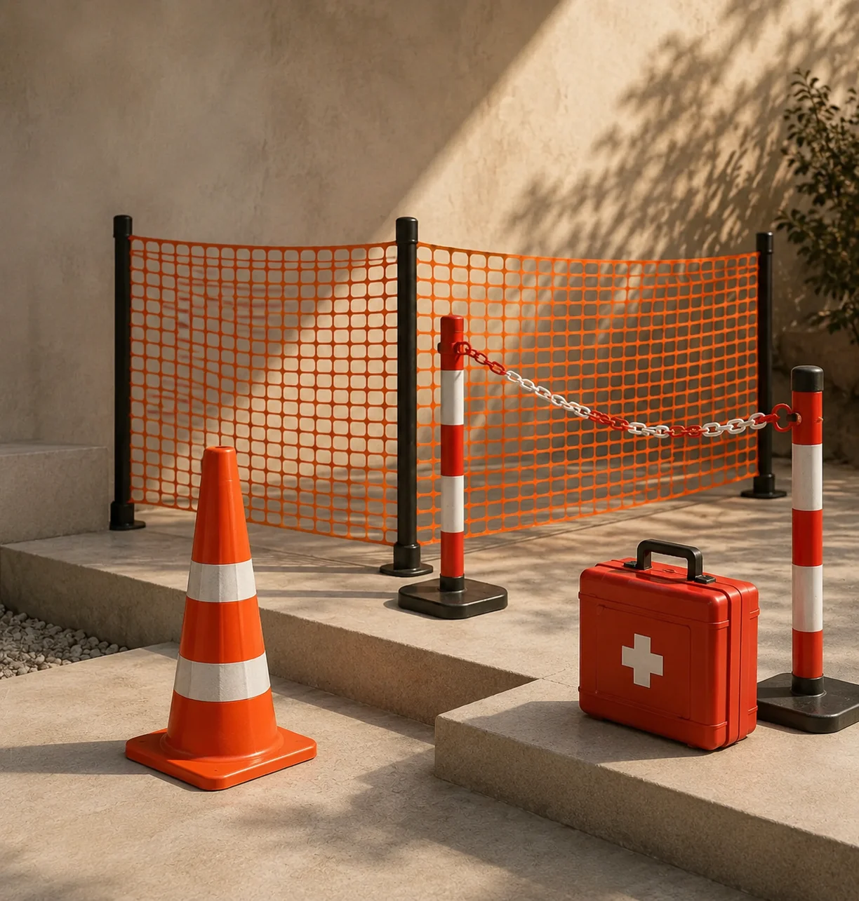 Immagine dedicata a segnaletica / emergenza / cantiere, con prodotti rappresentativi disposti in modo realistico e ordinato.