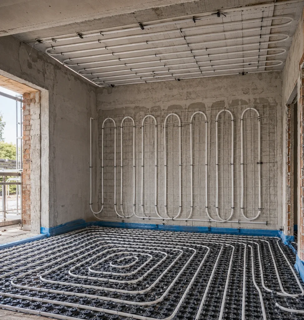 Sezione di pavimento, parete e soffitto con circuiti radianti.