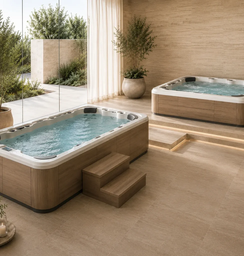 Vasca idromassaggio e minipiscina in un ambiente wellness elegante.